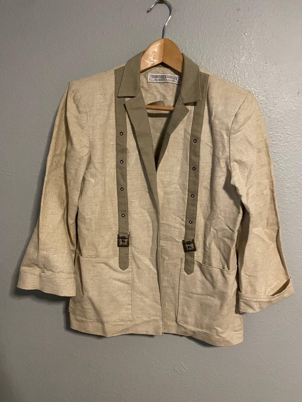 VTG Dorothy Schoelen Strawberry Jacket Womens Medium Beige Linen Buckle Open